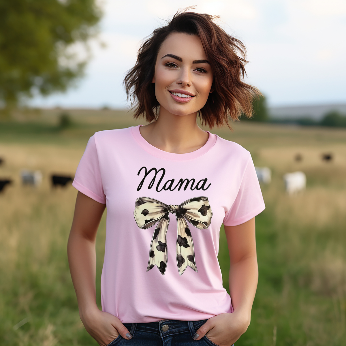 Mama cow print bow