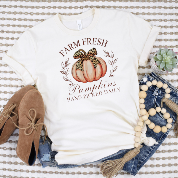 A white crew neck t-shirt with 'Farm Fresh Pumpkins Hand-Picked Daily' printed on it, accompanied by a pair of brown shoes, a pumpkin-shaped mug, and some bead decorations.