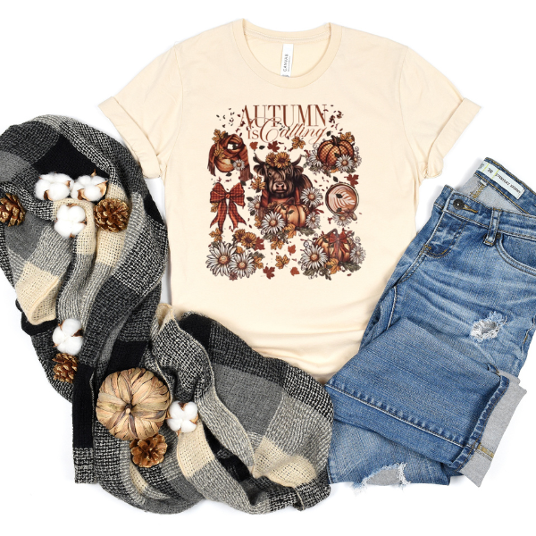 A beige t-shirt with 'Autumn' text and a decorative pumpkin pattern, paired with blue jeans, a scarf, and pinecones.