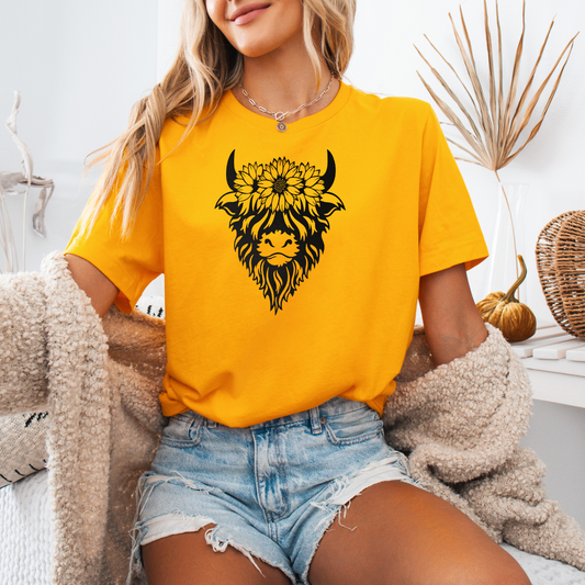 Highland with sunflowers on head