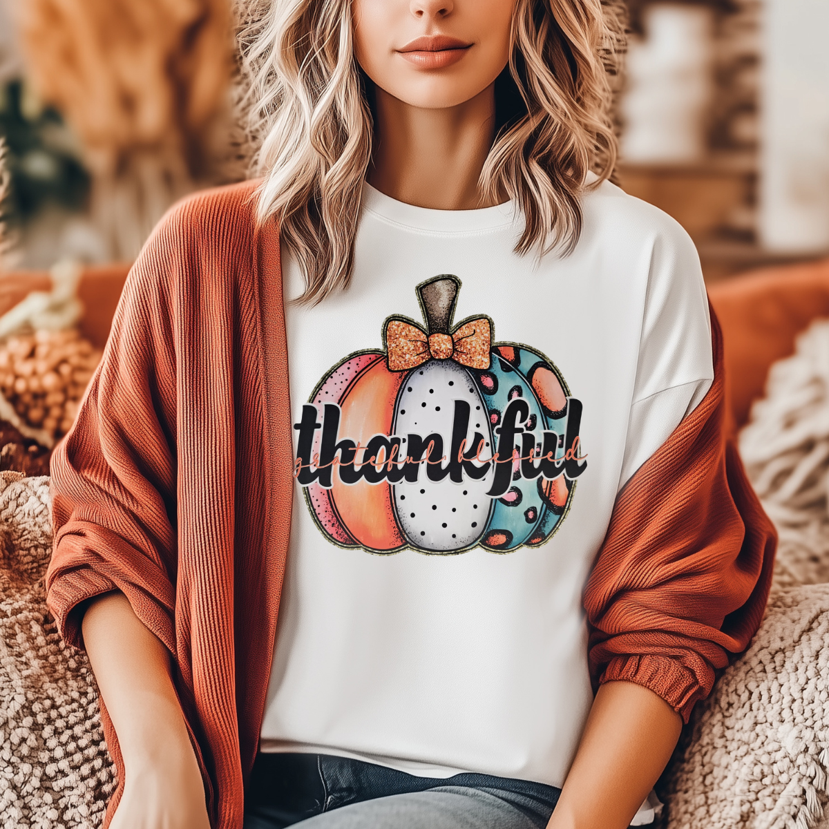 Thankful grateful blessed colorful pumpkin