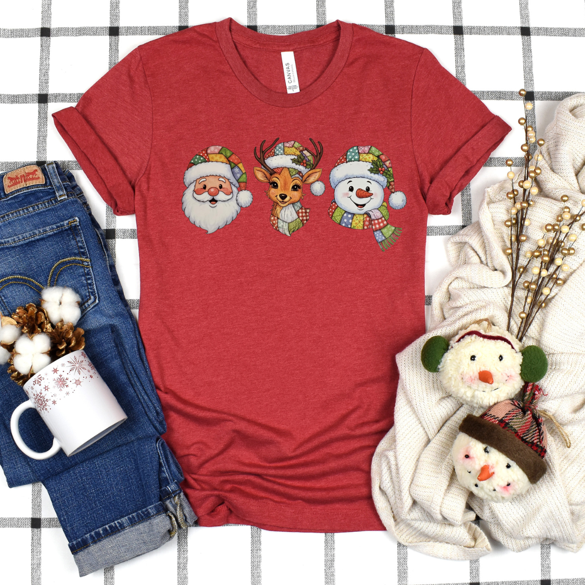 Quilted Santa deer and snowman