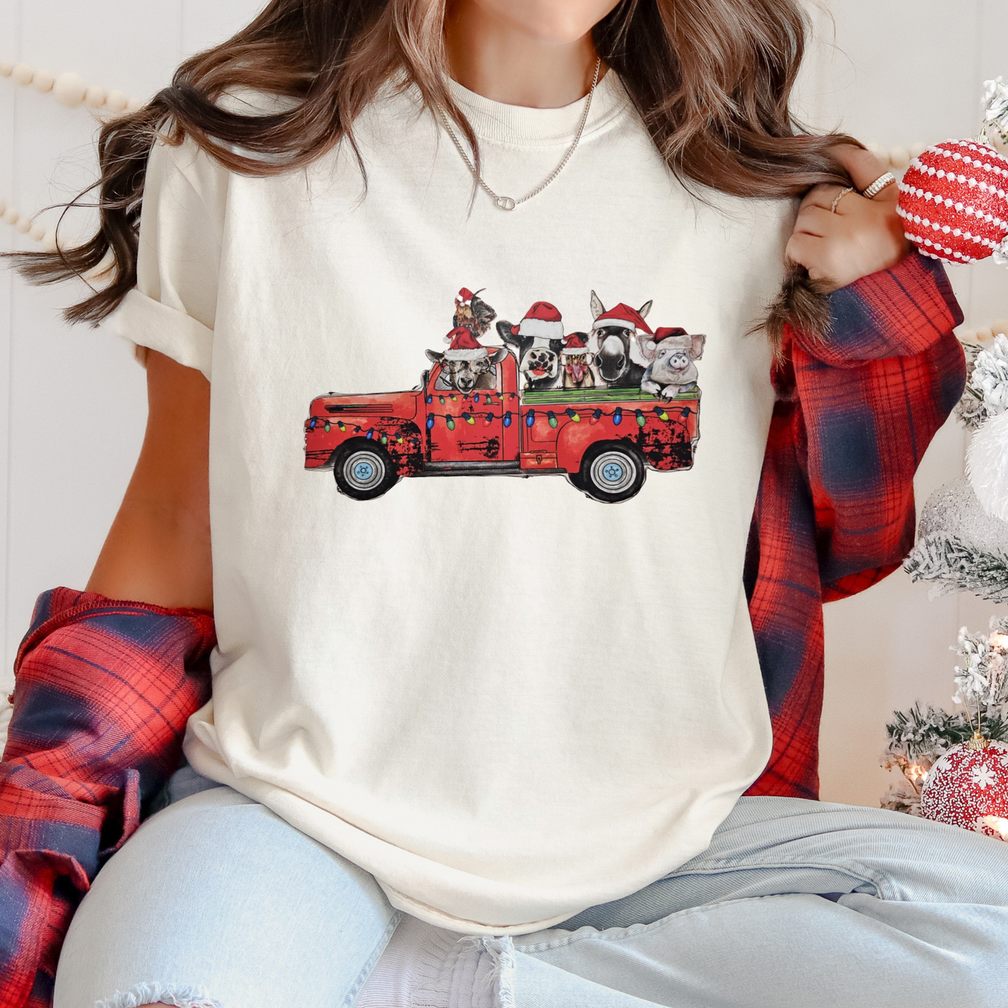 Red truck Christmas farm animals